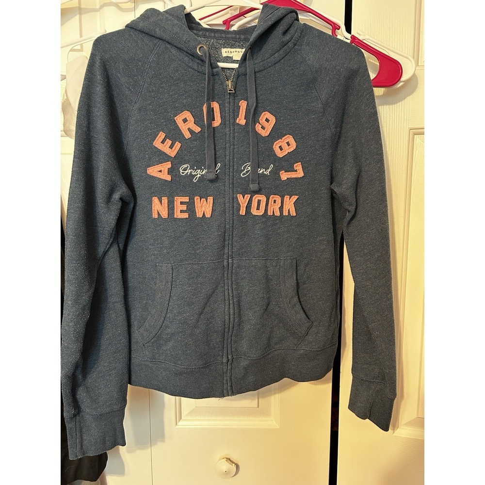 Women's Large Blue Grey Aeropostale Hoodie Sweatshirt Pre-Worn Good Condition
